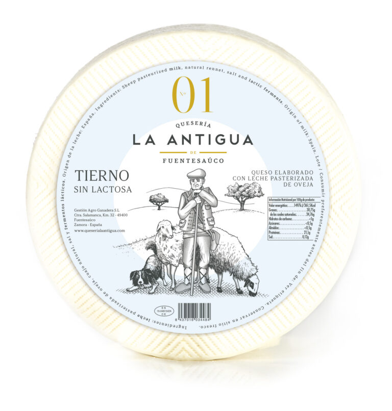 Queso de oveja tierno sin lactosa con la etiqueta de La Antigua