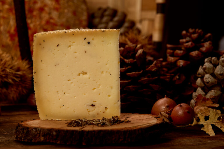 Cuña de queso de oveja curado sobre una tabla de madera